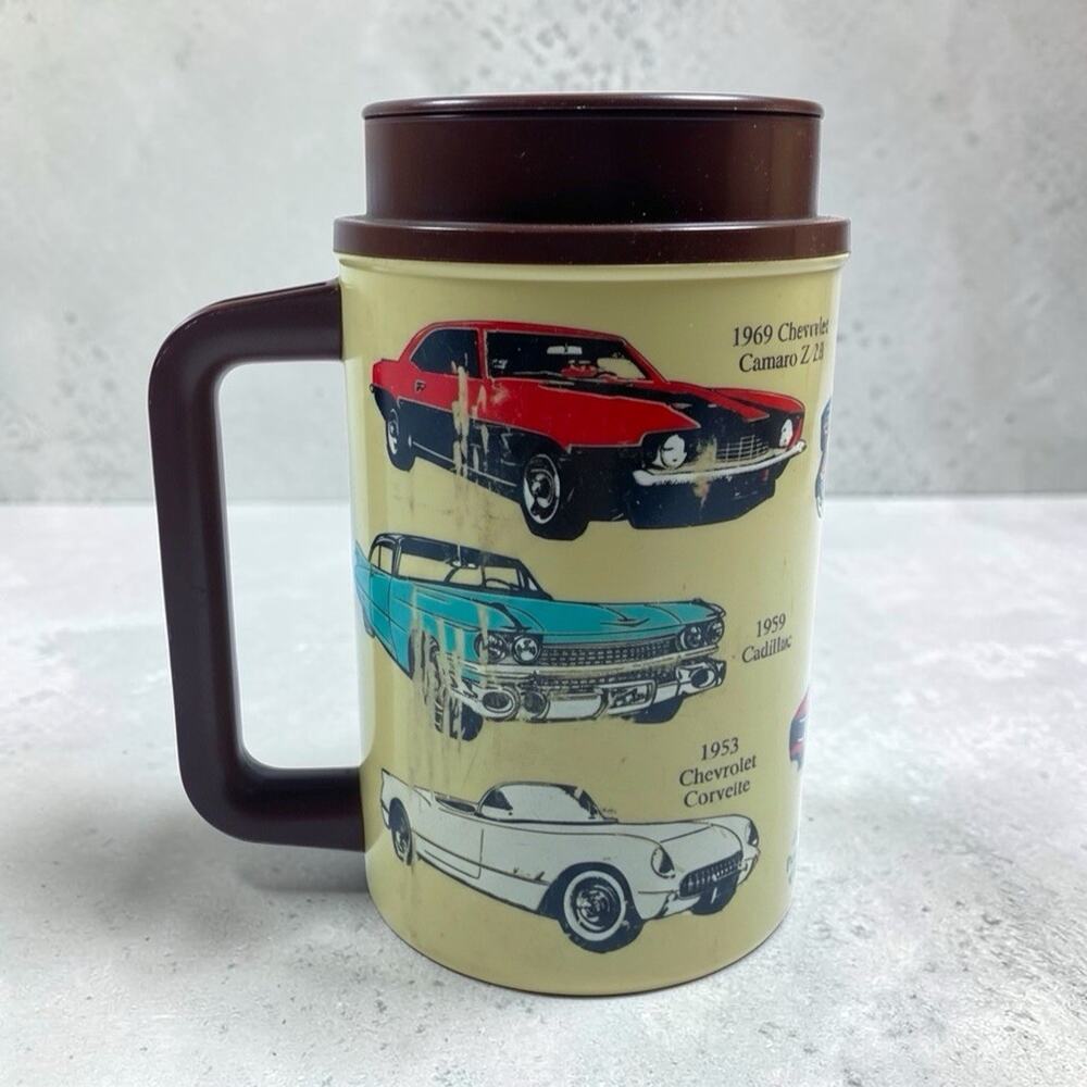 Vtg 1986 Whirley Classic Muscle Cars 22 Ounce Thermos Hot/Cold Travel Mug USA